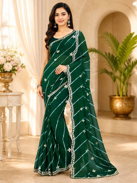 Embroidered, Embellished, Tie-Dye, Solid/Plain Leheria Chiffon Saree