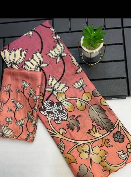 DOLA SILK फ्लोरल प्रिंट, प्रिंटेड कलमकारी आर्ट सिल्क साड़ी