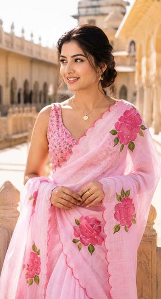 Embroidered, Floral Print, Solid/Plain Daily Wear Cotton Linen Saree