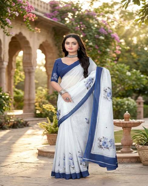 Drujha Floral Print, Woven Kantha Cotton Linen Saree
