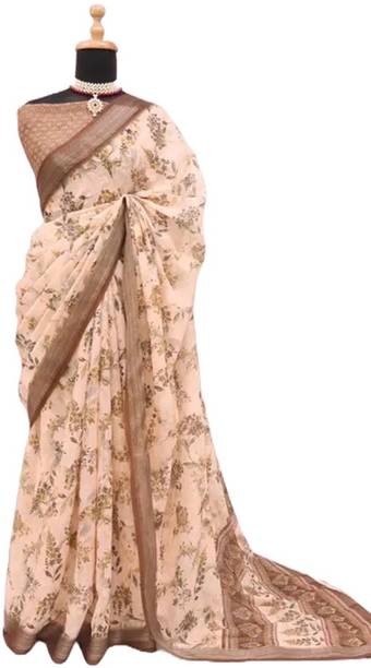 JVSTRAMODA Floral Print Handloom Linen Saree