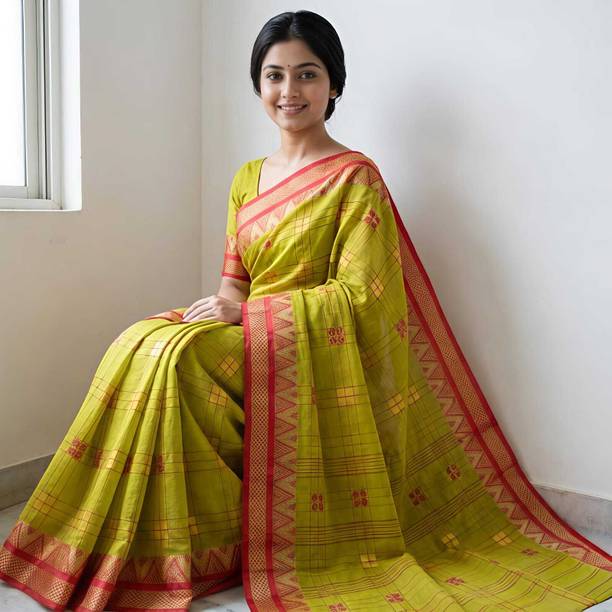 Checkered, Woven Tant Cotton Silk Saree