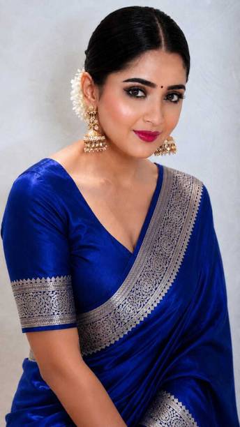 Woven, Temple Border, Solid/Plain Banarasi Satin Saree