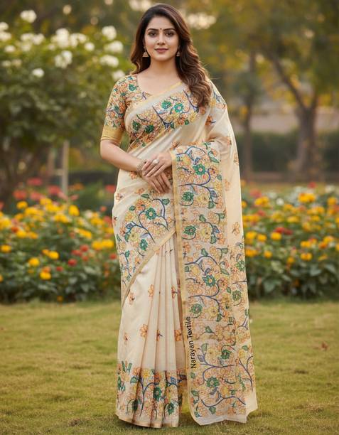 Floral Print, Printed Gadwal Cotton Linen Saree