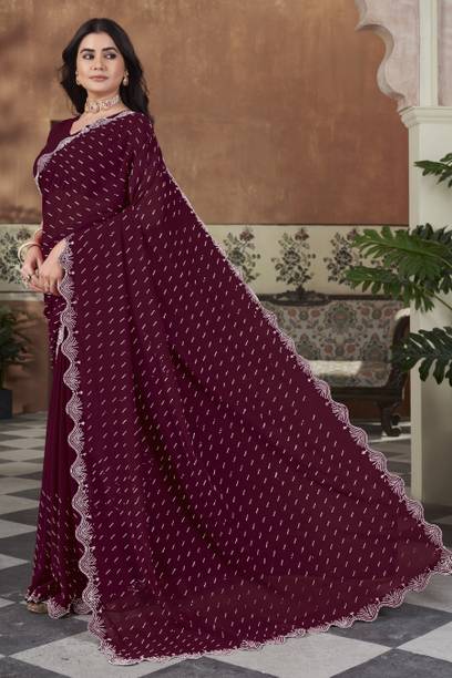 Sariya Embellished Bollywood Georgette Maroon Sarees Online @  | galgota.in - Image 4
