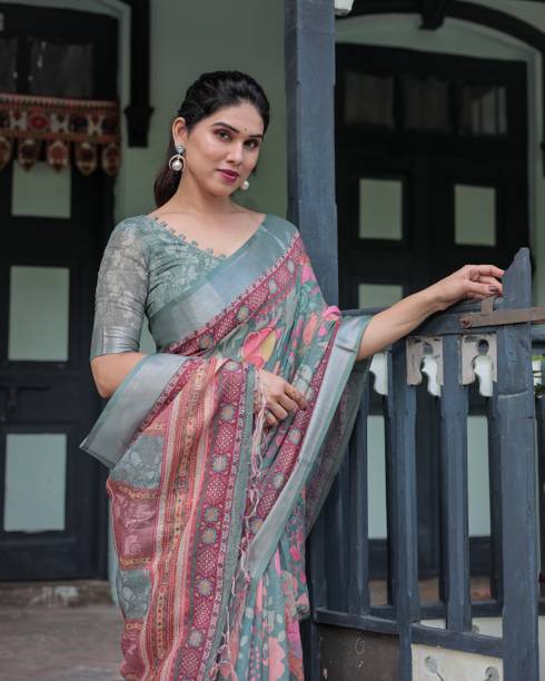 ALMAARI FASHION Digital Print Bollywood Cotton Linen Multicolor Sarees Online @  | galgota.in - Image 2