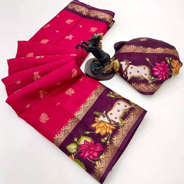 Woven, Printed Kalamkari Silk Blend, Jacquard Saree