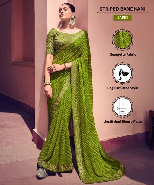 Printed, Striped, Embellished Bandhani Georgette Saree