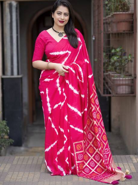 mitera Printed Leheria Cotton Blend Saree