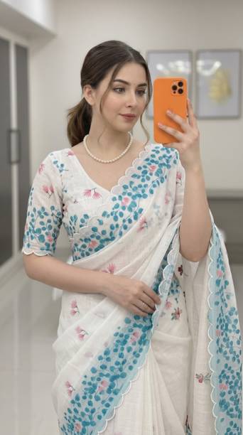Floral Print Kota Doria Cotton Linen Saree