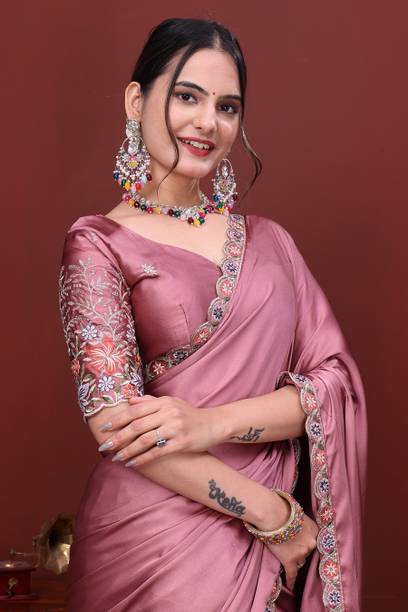 niesha fashion Embroidered Bollywood Satin Saree