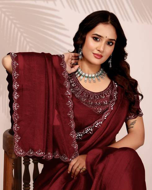 WORLDLINKEXPORT Solid/Plain, Embellished Bollywood Cotton Silk Saree