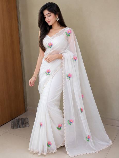 Embroidered, Floral Print Bollywood Chiffon Saree