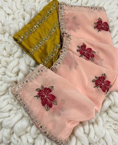 Embroidered, Embellished, Floral Print Bollywood Silk Blend Saree