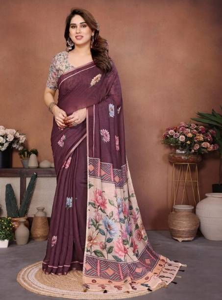 Floral Print, Geometric Print, Printed Bollywood Cotton Linen Saree