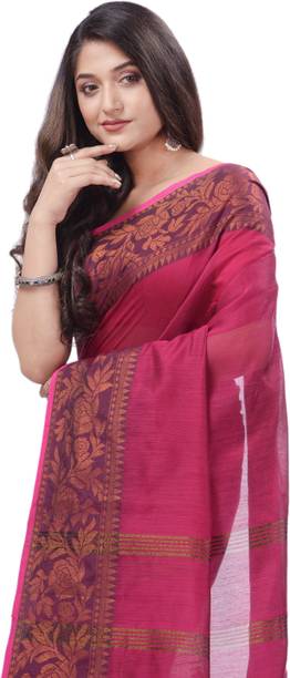 Desh Bidesh Striped, Self Design, Solid/Plain, Floral Print, Woven Handloom Cotton Blend, Cotton Silk Saree - Image 2