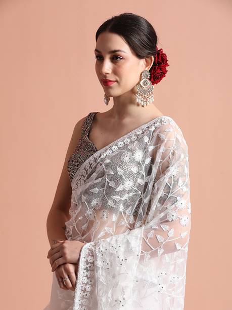 Jaipur Kurti Embroidered Bollywood Net Saree - Image 3