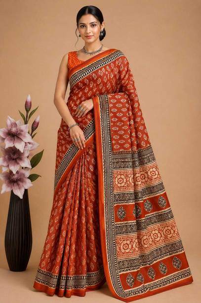 Blocked Printed Handloom Cotton Blend Saree