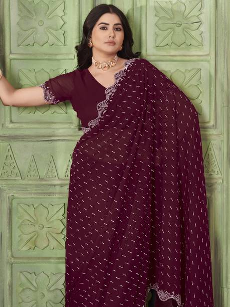 Sariya Embellished Bollywood Georgette Maroon Sarees Online @  | galgota.in - Image 2