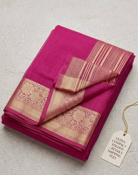 Woven, Solid/Plain, Striped, Floral Print Chanderi Handloom Organza Saree