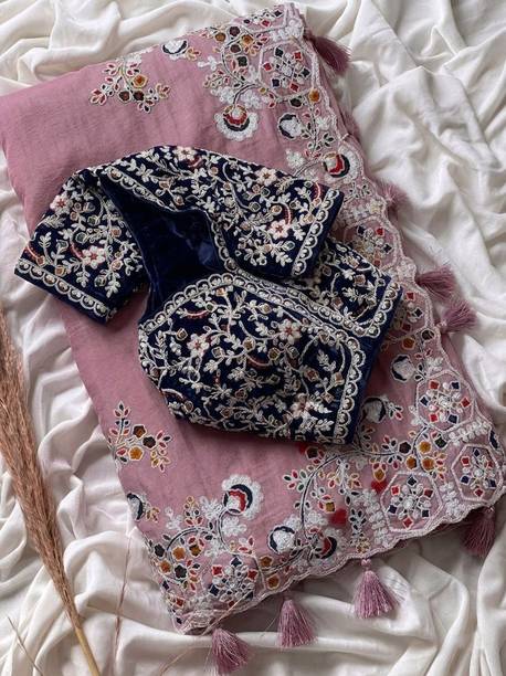 Embroidered, Floral Print, Paisley, Solid/Plain Bollywood Silk Blend, Velvet Saree
