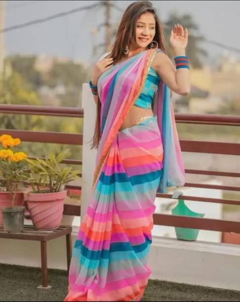 Striped Bandhani Georgette Saree Price in India