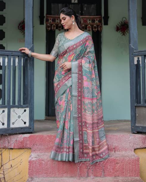 ALMAARI FASHION Digital Print Bollywood Cotton Linen Multicolor Sarees Online @  | galgota.in - Image 6