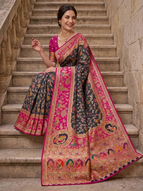 Sariya Printed Banarasi Semi-Pashmina, Jacquard Saree
