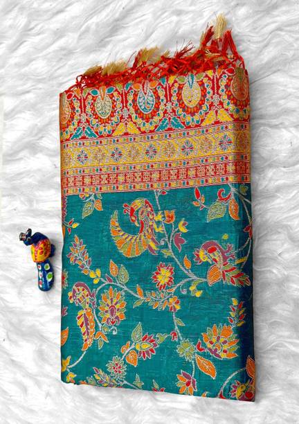 Houseofkrisha Woven, Floral Print, Paisley Kantha Semi-Pashmina Saree
