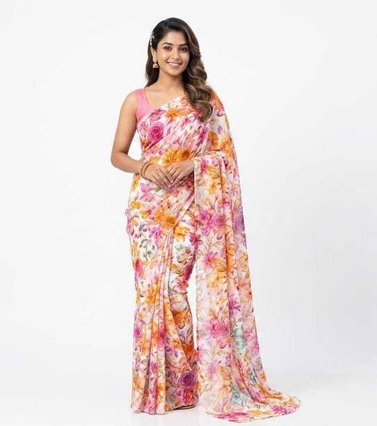 Floral Print Bollywood Cotton Silk Saree