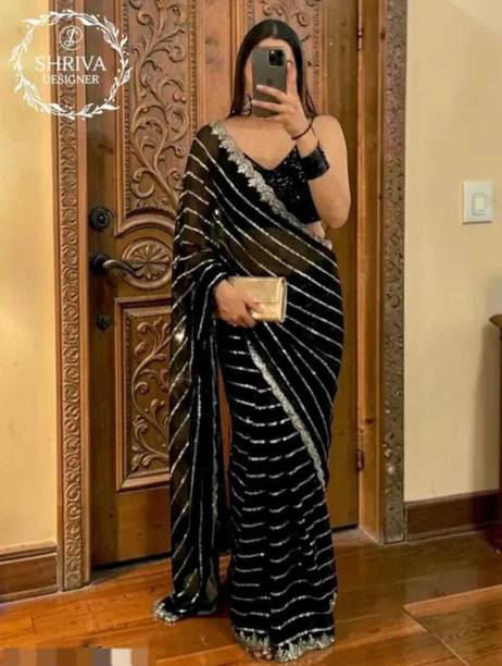BHIKS RR Striped Bollywood Georgette Saree