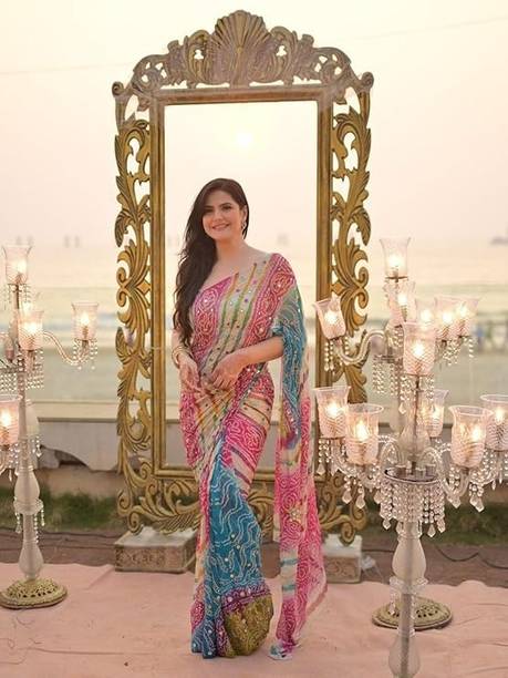 Dyed, Digital Print, Embellished, Striped, Geometric Print Bandhani Pure Silk Saree