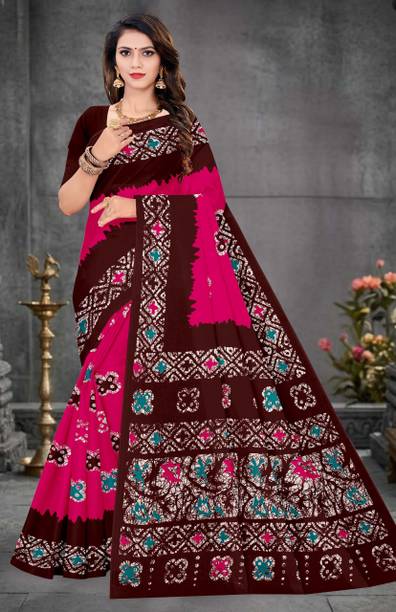 Printed, Paisley, Floral Print, Geometric Print Hand Batik Pure Cotton Saree