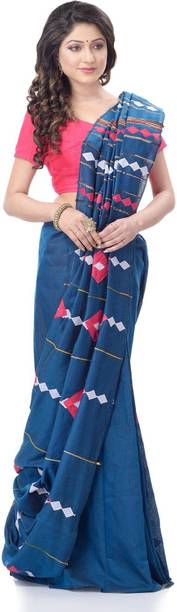Desh Bidesh Striped, Solid/Plain, Applique Handloom Handloom Cotton Blend, Pure Cotton Saree - Image 2