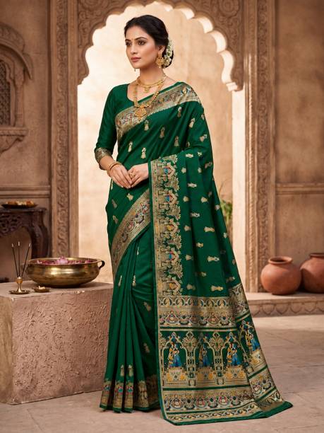 Woven, Temple Border, Floral Print, Paisley, Embellished Banarasi Art Silk Saree