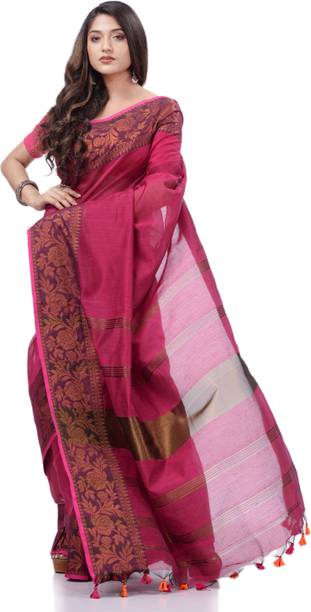 Desh Bidesh Striped, Self Design, Solid/Plain, Floral Print, Woven Handloom Cotton Blend, Cotton Silk Saree - Image 6