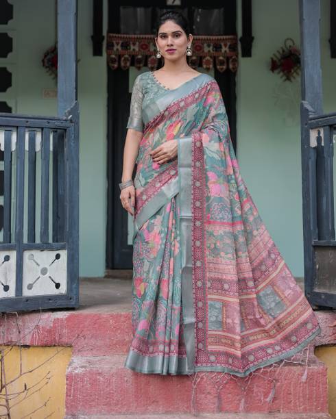 ALMAARI FASHION Digital Print Bollywood Cotton Linen Multicolor Sarees Online @  | galgota.in - Image 3