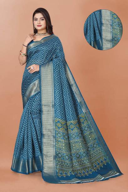 Ritu Silk Printed, Geometric Print, Woven Leheria Cotton Linen Saree