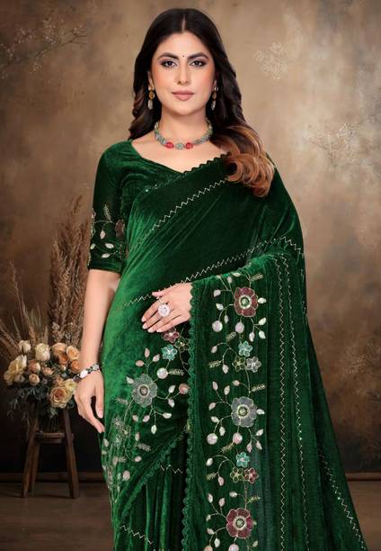Embroidered Bollywood Velvet, Cotton Blend Saree