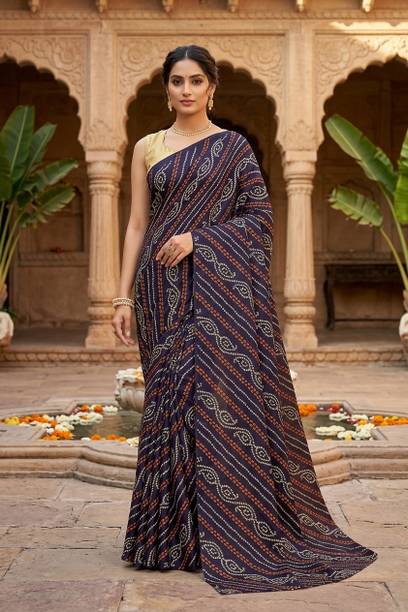 Striped, Printed Bandhani Art Silk Saree