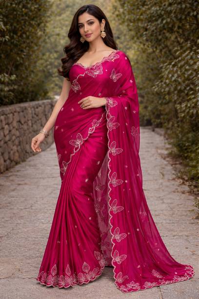 Self Design, Embellished Assam Silk Chiffon Saree