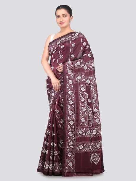PinkLoom Embroidered Kantha Silk Blend Saree