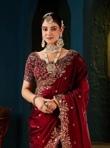 Embroidered, Floral Print, Embellished Bollywood Satin Saree
