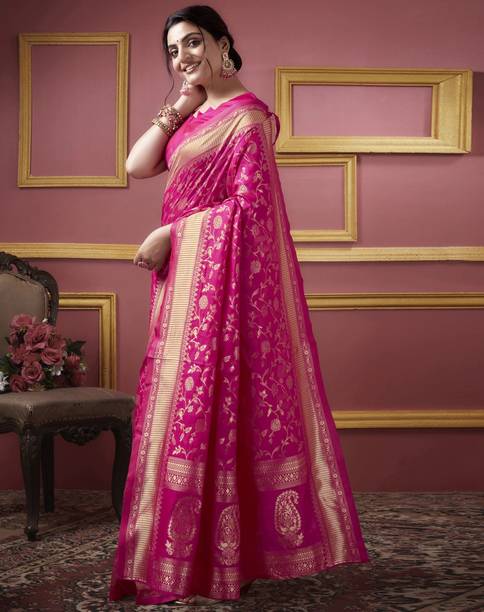 Houri Fab Woven, Embellished Banarasi Pure Silk, Jacquard Saree