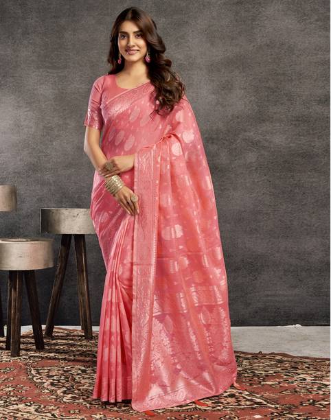 Satrani Dyed, Woven, Embellished Chanderi Silk Blend Saree (Pink,