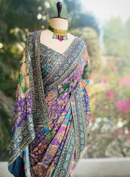 Vinayak Textile Printed Floral Print Bollywood Silk Blend Saree