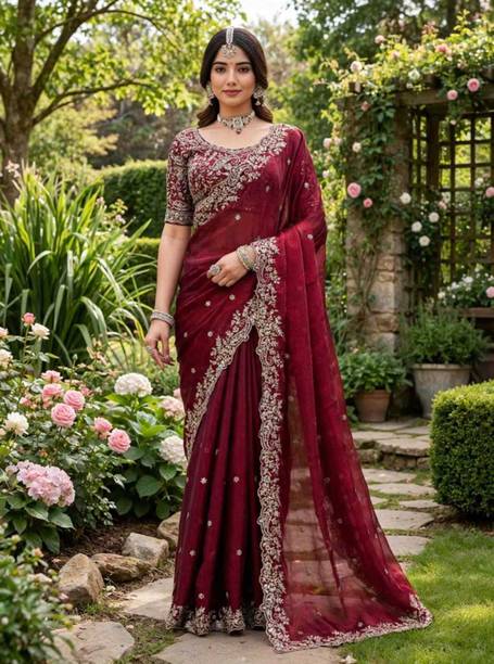 Embroidered, Embellished Bollywood Art Silk Saree