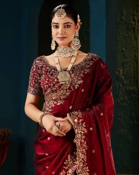 Embroidered Bollywood Chiffon, Satin Saree