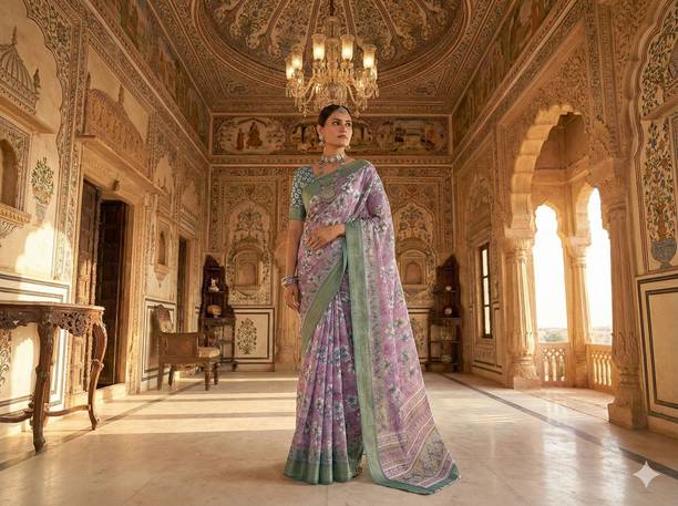 MJMART Digital Print, Floral Print, Printed Bollywood Silk Blend, Art Silk Saree