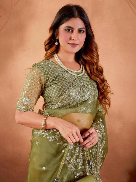 Embroidered, Embellished Bollywood Organza Saree
